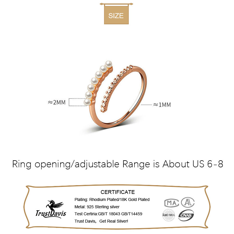 TrustDavis Real 925 Sterling Silver Sweet Freshwater Pearl Dazzling CZ Rings For Women Wedding Birthday Gift Fine Jewelry DE0011