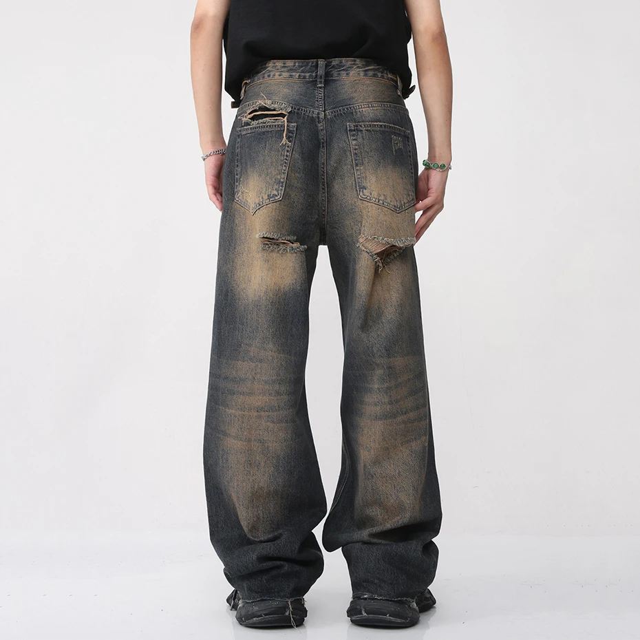 Ripped Vintage Jeans for Men Hip Hop Streetwear Baggy Denim Pants Harajuku Loose Blue Jeans