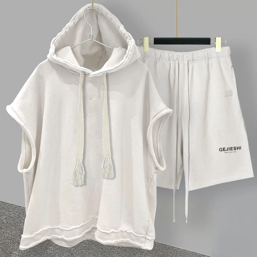Casual Sports Shorts Suit 2025 Men's Summer Solid Color Hooded Vest Letter Printing Straight Five-point new Pants Loose and Versatile