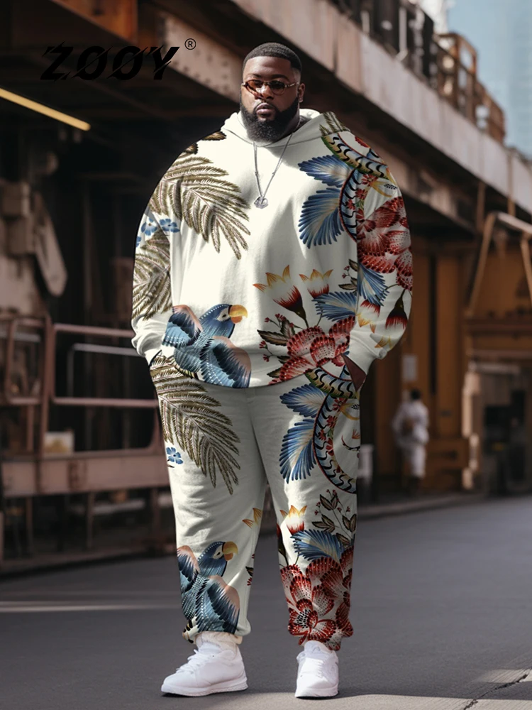 ZOOY (L-9XL) Men's Plus Size Personality Fun Floral Hip Hop Color Block Graffiti Hoodie Sweatpants Set ...