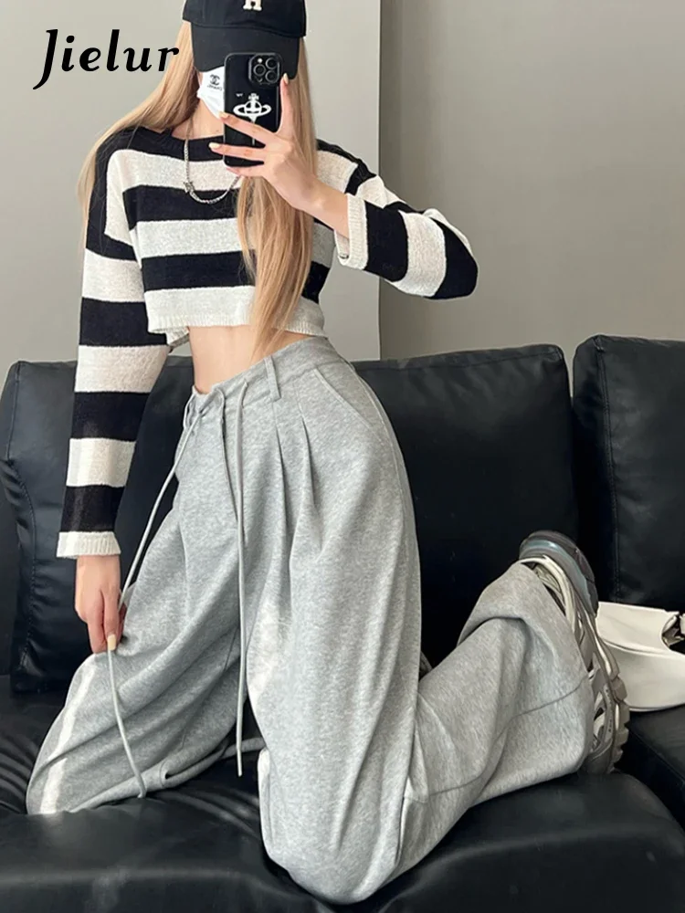 Jielur New High Waist American Solid Color new Women's Pants Drawstring Loose 2025 Straight Pants Woman Grey Casual Pants Summer Female