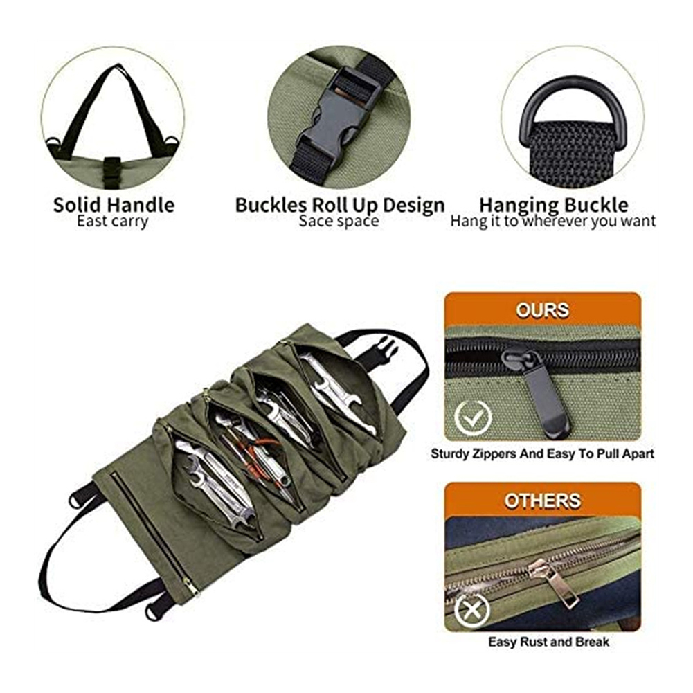 Multifunctional Roll Up Tool Bag Multiple Pockets Canvas Storage Bag Khaki/Black/Brown/Green Wrench Roll Pouch Hanging Tool Bag