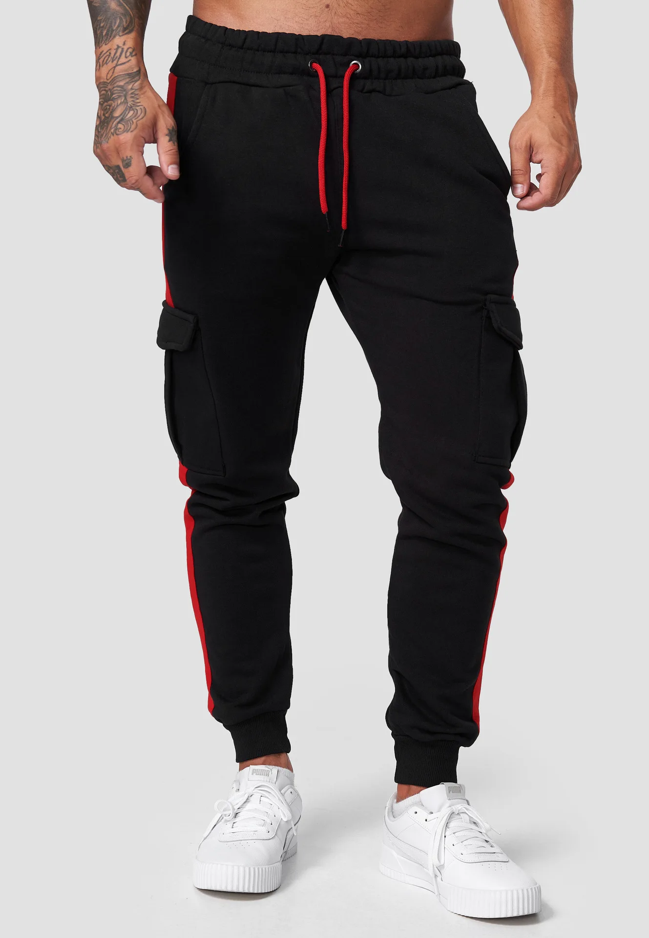 2023 Winter New Men's Sports Casual Multi-pocket Plus Fleece Cargo Pants Men's Color Pants Pull Rope Leisure