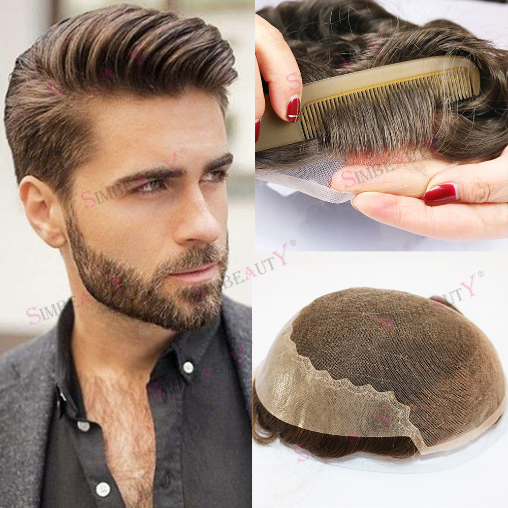 Swiss Lace & Skin Pu Mens Wig Natural Hairline Lace Front Male Toupee 100% Indian Remy Human Hair Q6 System Black Unit For Men