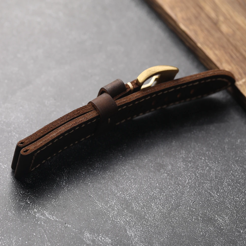Handmade Crazy Horse Leather Genuine Leather Bracelet 20MM 22MM 24MM 26MM Thick Rugged Style Copper Buckle Men's Watch Strap