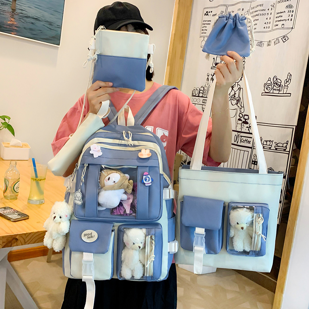 5pcs/set Japanese High School Girls Backpack School Bags Kawaii Cute Mochila Multi Pockets Backpacks for Teenage Girls Bookbags