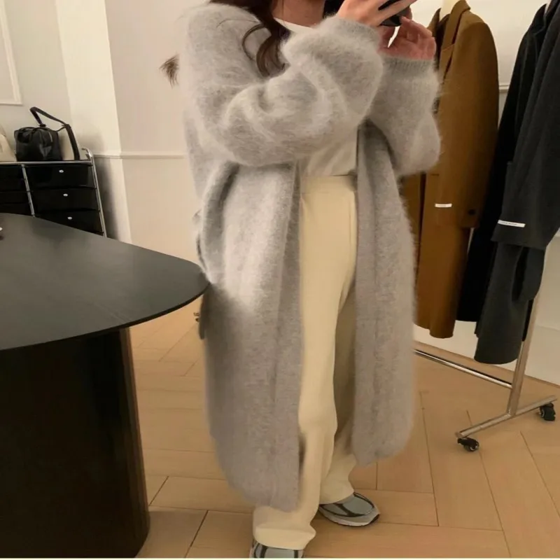 New Fluffy Mink Cashmere Sweater 2024 Autumn New Sable Long Cardigan with Belt Women's Sweater Loose Thick Knitted Coat C011