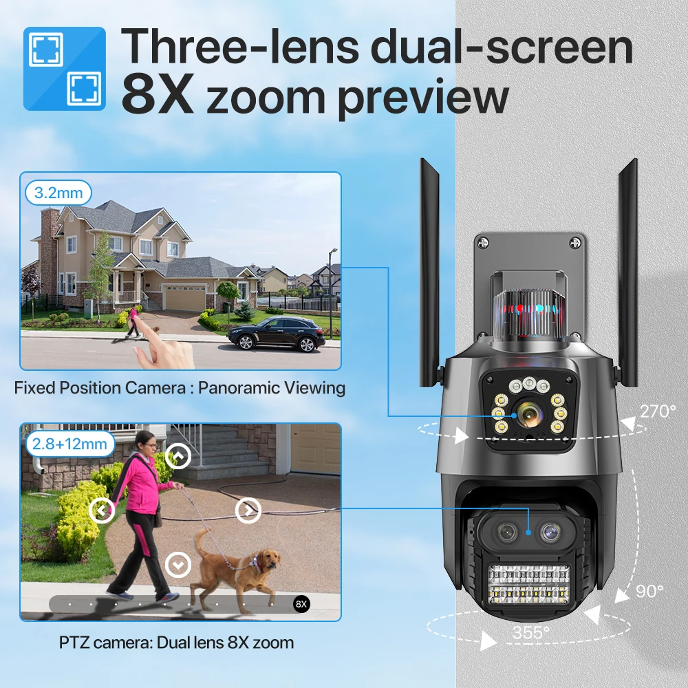 PTZ Camera WiFi 4K 9MP HD Outdoor IP Camera Dual Lens Dual Screen Video Surveillance CCTV Camera Human Detect Support Alexa