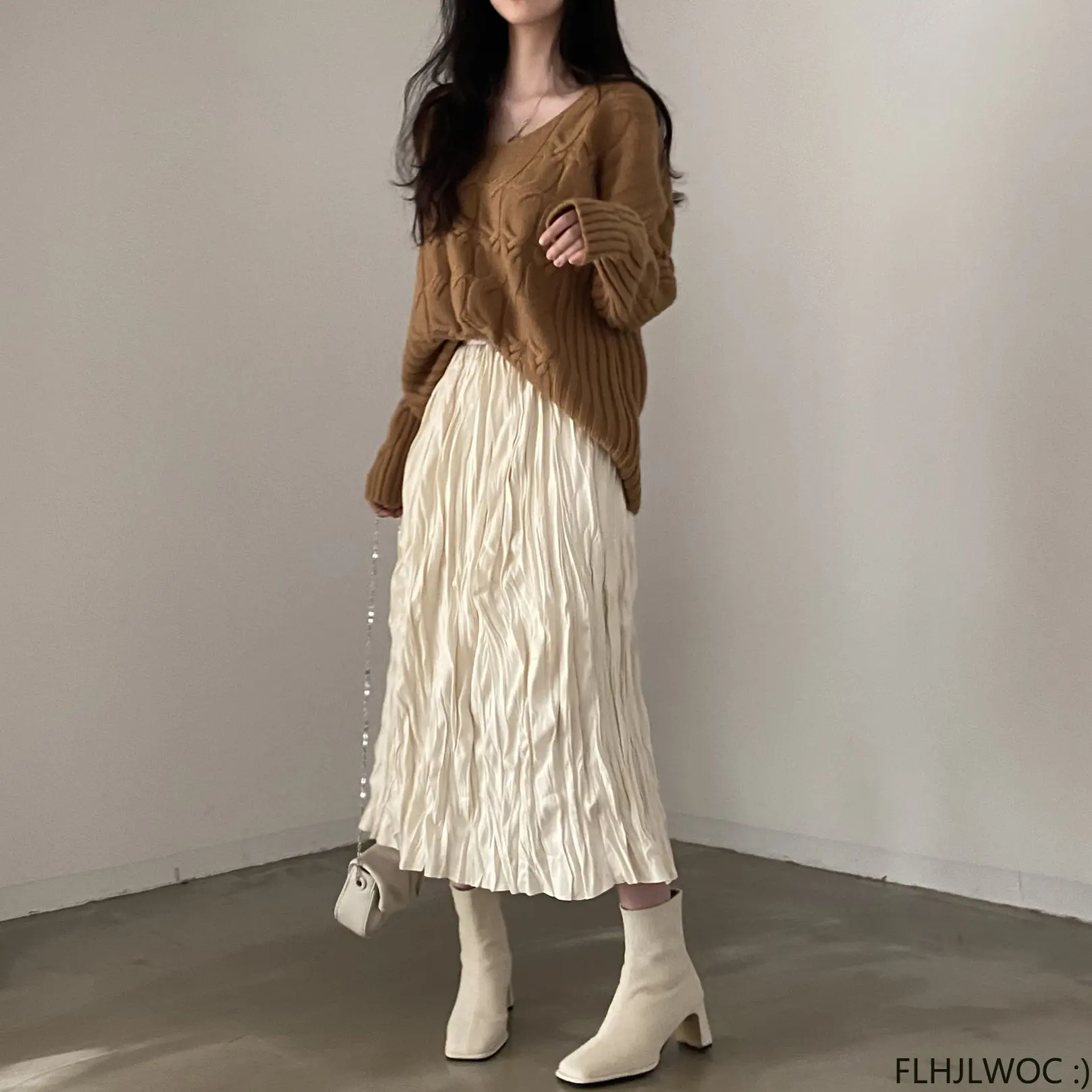 new 2023 Spring Hot Sales Women 2025 All-Match Cute Japan Chic Korea FLHJLWOC Elastic High Waist Black Long Maxi Skirts