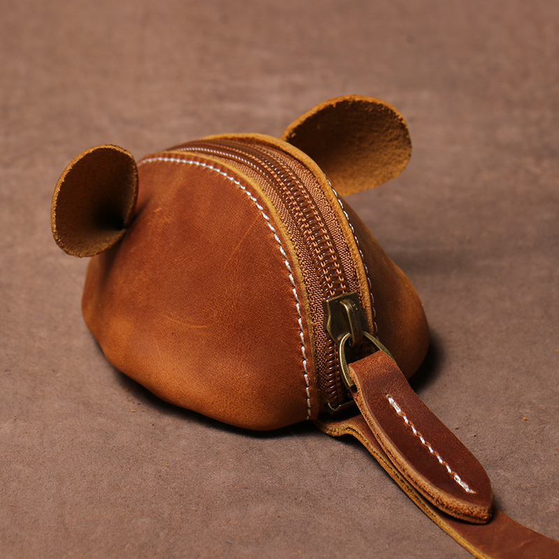 LUOKIR Vintage Genuine Leather Small Coin Purse Men's Creative Mouse Key Box Women Portable Zipper Wallet Children's Storage Bag