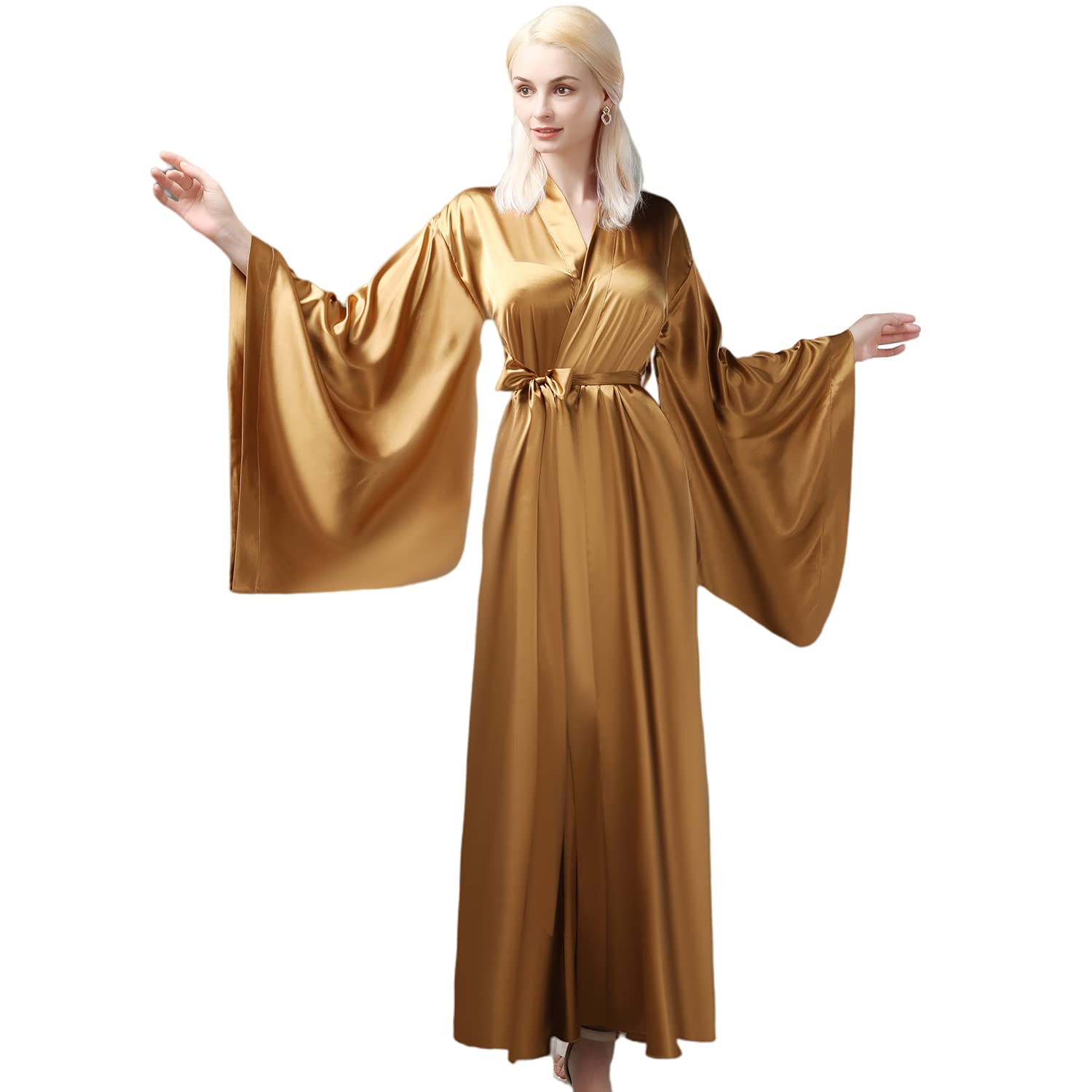 Grace Elastic Silk Like Satin Bath Robe For Women Golden Side Split Strap High Quality Nightgown Dress Plus Size Same As The Picture
