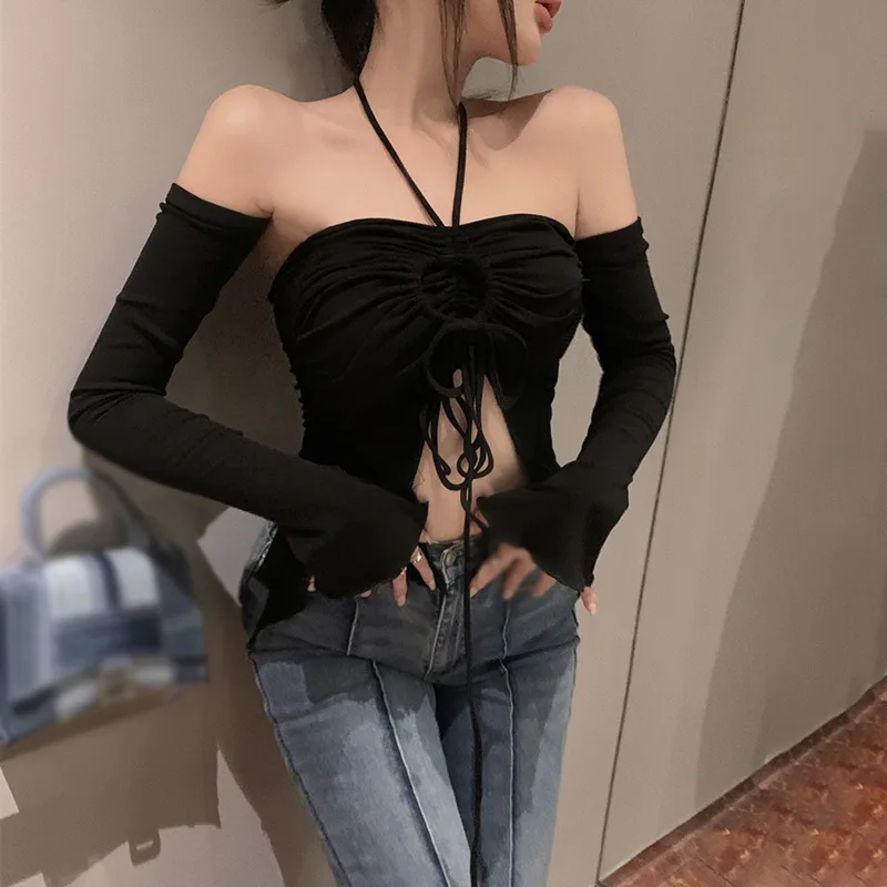Off new Shoulder Crop 2025 Top For Women Halterneck Slim Fit Sexy Base Shirt Spring Summer