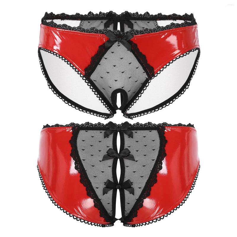 Underpants Mens Lingerie Crotchless Sissy Underwear Sheer Lace Open Crotch Briefs Bowknot Glossy Patent Leather Panties Low Waist Underpant