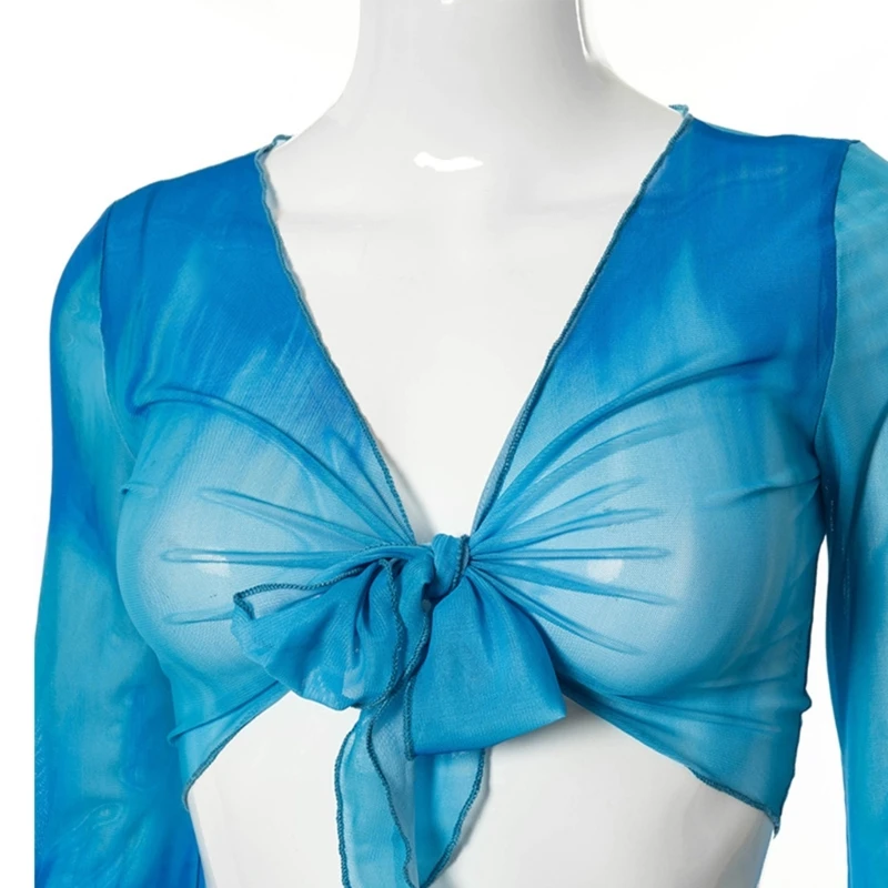 Women new 2025 2Pcs Tie-Dye Mesh Cover Up Long Sleeve Crop Top and Ruched Mini Skirt Set H7EF