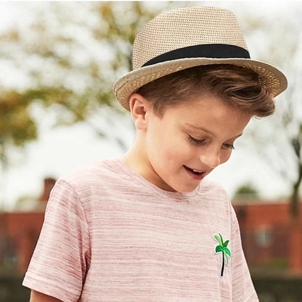 Children Kids new 2023 Summer Beach Straw Hat Jazz 2025 Panama Trilby Fedora Hat Gangster Cap Outdoor Breathable Hats Girls Boys Sunhat