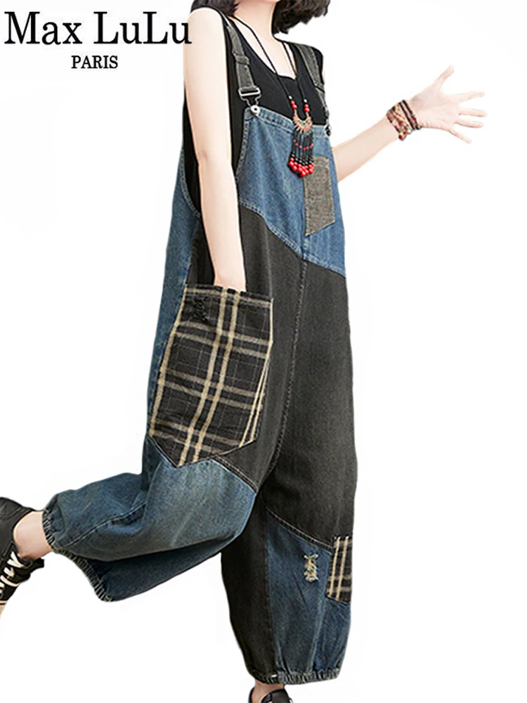 Max LuLu 2023 Korean Fall Jeans Women Plaid Ripped Denim Overalls Ladies Vintage Punk Loose Pants Luxury Classic Casual Trousers