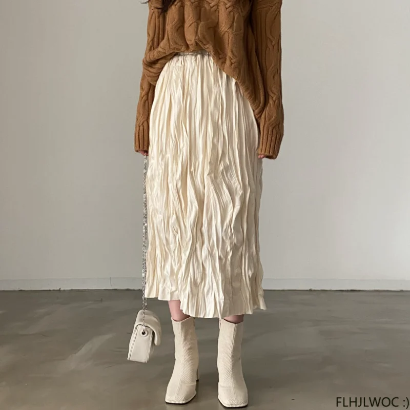 new 2023 Spring Hot Sales Women 2025 All-Match Cute Japan Chic Korea FLHJLWOC Elastic High Waist Black Long Maxi Skirts