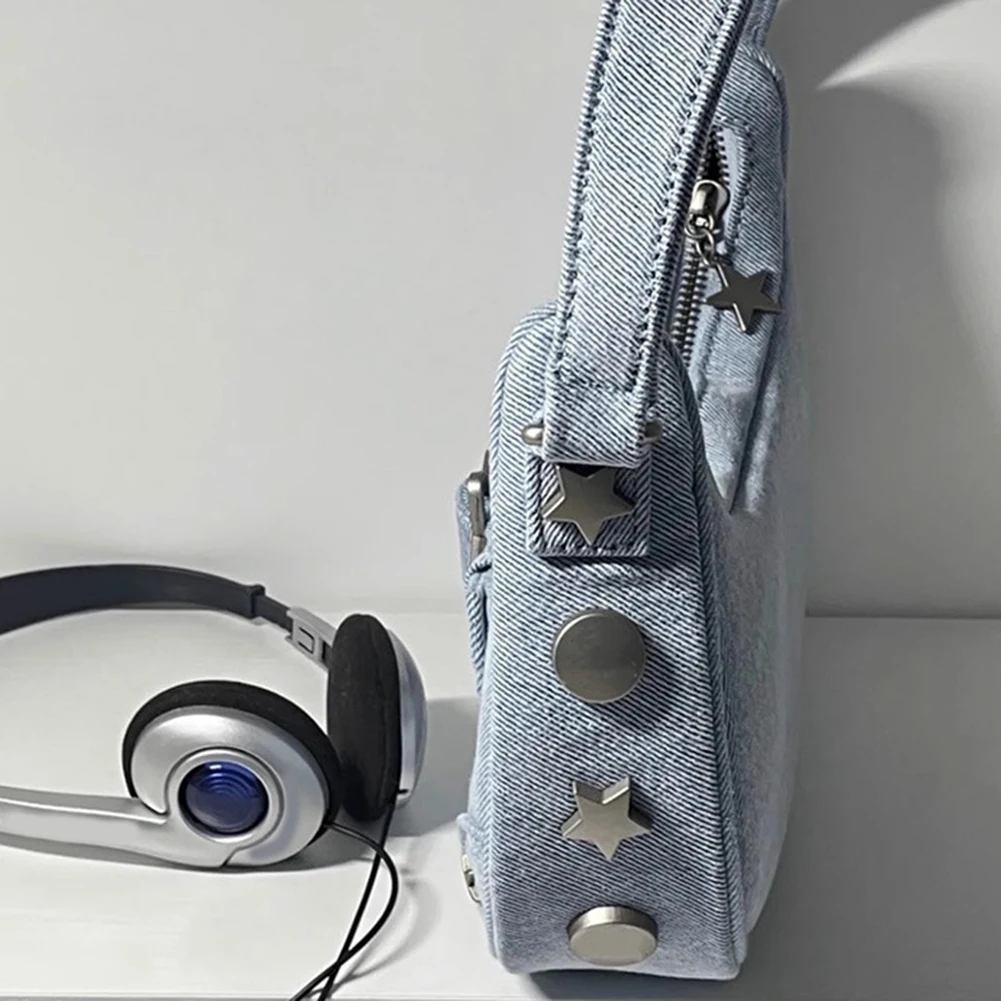 Chic Retro Y2K Underarm Shoulder Bag in Solid Colors - Women's Denim Hobo Purse Featuring Distinctive Star Detail