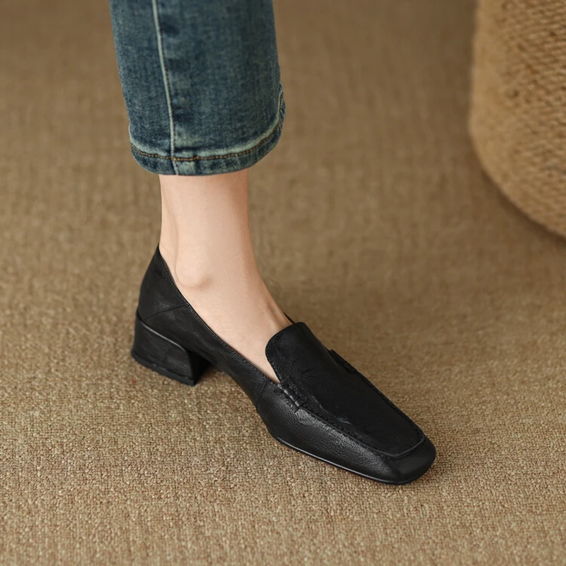 Spring/Autumn NEW Loafers Square Toe Chunky Heel Elegant Genuine Leather Shoes for Retro Sheepskin Women Pumps 932d