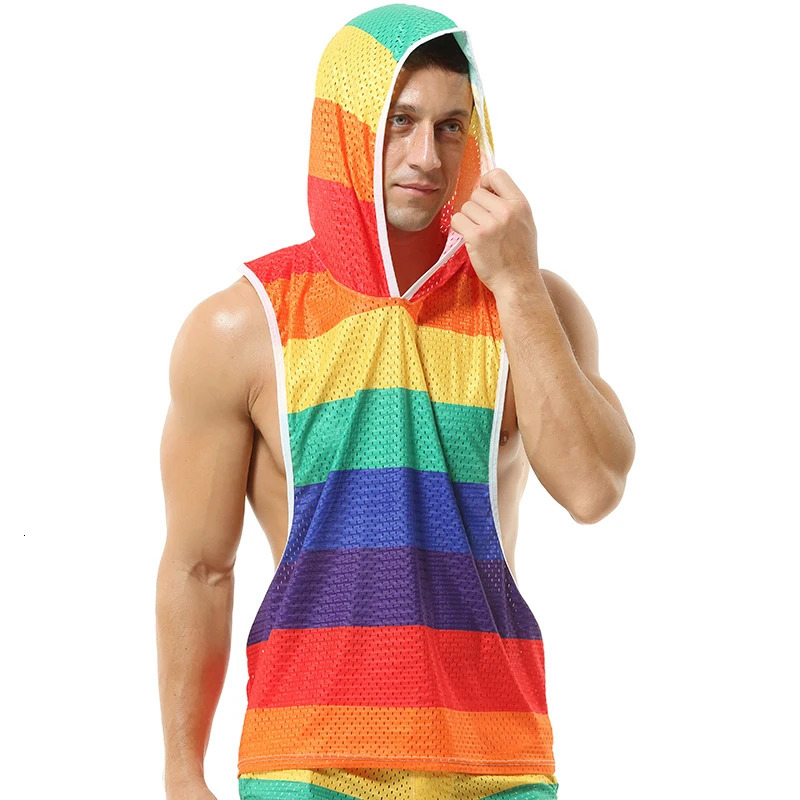 Mens Undershirts Rainbow Hooded Tank Tops Mesh Breathable Fitness Casual Vests Loose Shorts Homewear Tank 240327