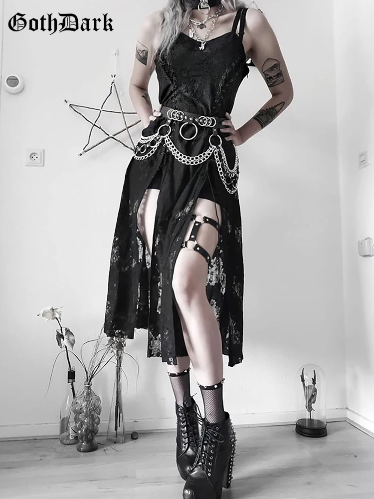 Goth Dark Split Mall Gothic Lace Sexy Bandage Midi Dresses Women Grunge 2025 Aesthetic Black Punk Sling Partywear new Alternative Clothes