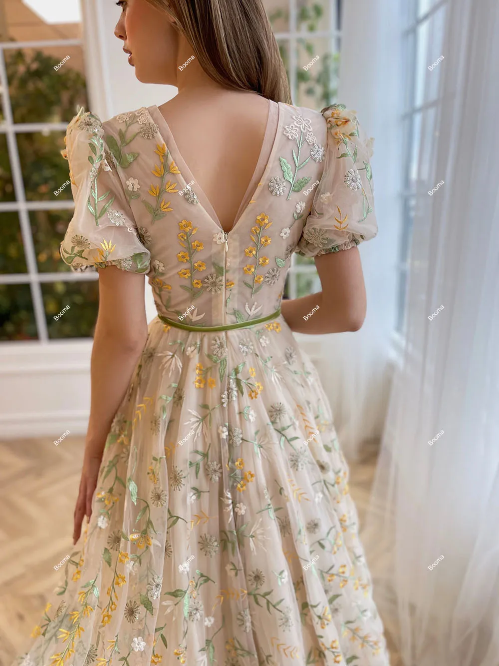 Booma A Line Embroidery Lace Prom Party Dresses Deep V Neck Short Puff Sleeves Evening Gowns for Women Homecoming Events Dresses