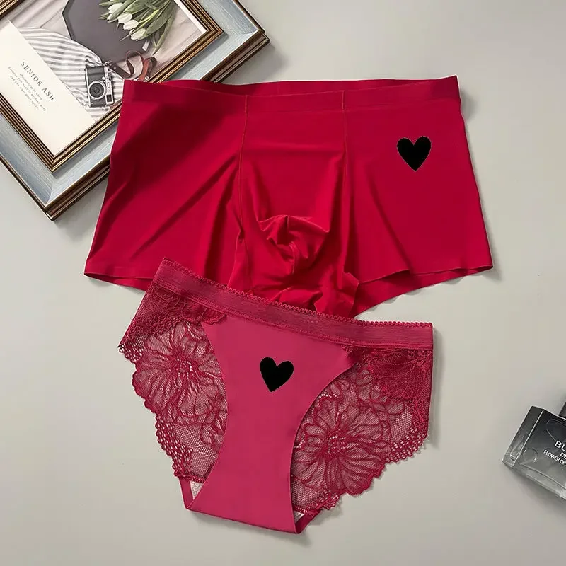 New new Style Couple Matching Underwear Set Ice Silk Mens Boxers and 2025 Women Sexy Panties Lover's Panty Plus Size Valentine underpants