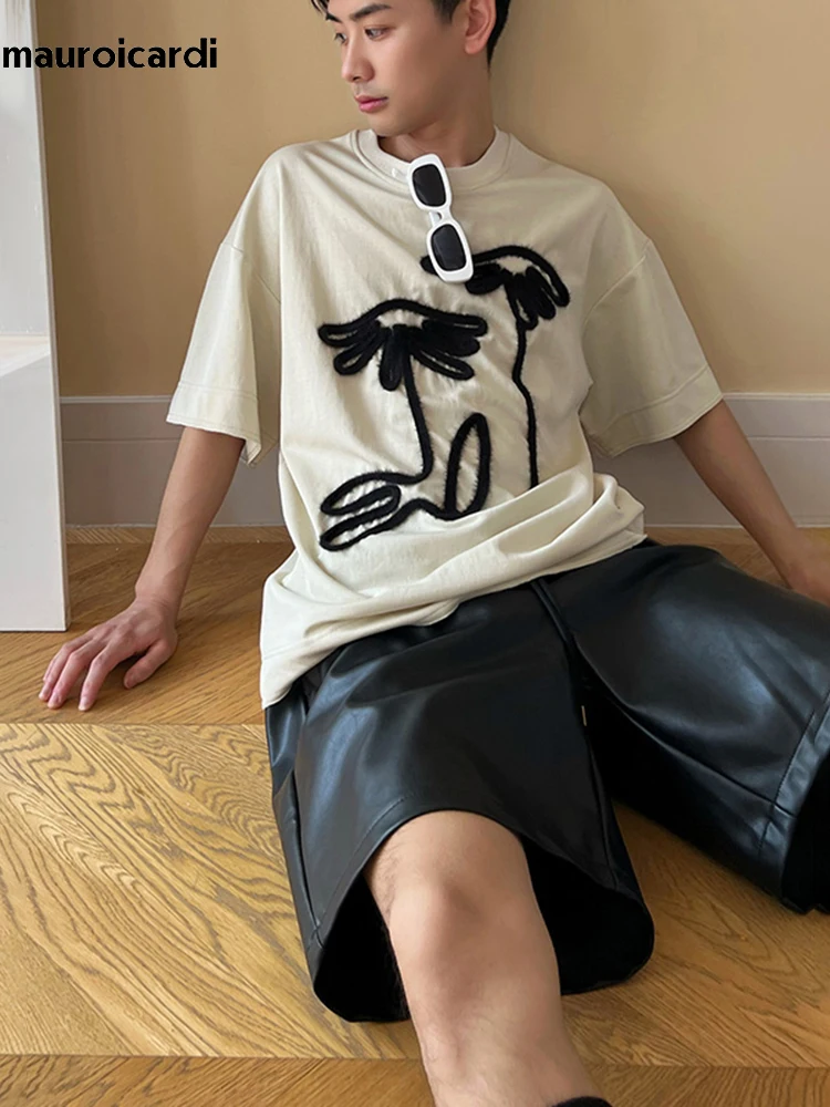 Mauroicardi Summer Loose Casual Soft Black Pu Leather Straight Shorts for Men Elastic Waist Drawstring Korean Style Clothes 2023