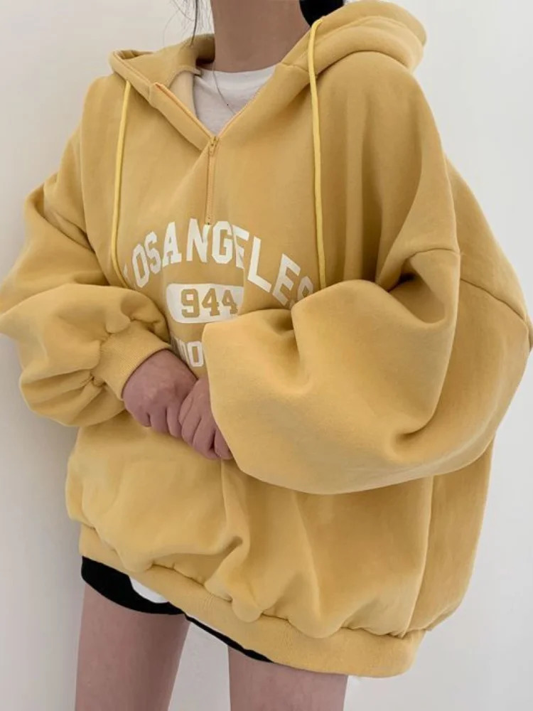 Women Kpop Loose Hooded Sweatshirts Half Zipper Pullover Long Sleeve Couple Top Harajuku Vintage Letter Printed Hoodies 240318