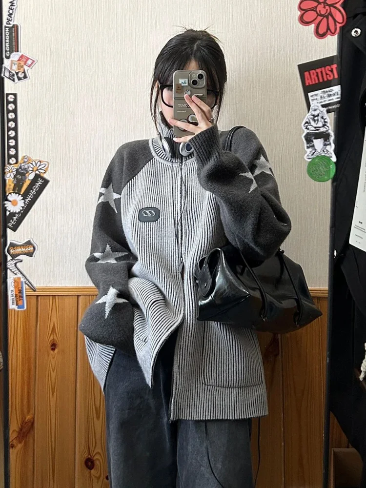 new Vintage Stand Collar Double Zip Up Cardigan Women 2025 Autumn Y2k Aesthetic Sweater Jacket Star Patchwork Haruku Coat