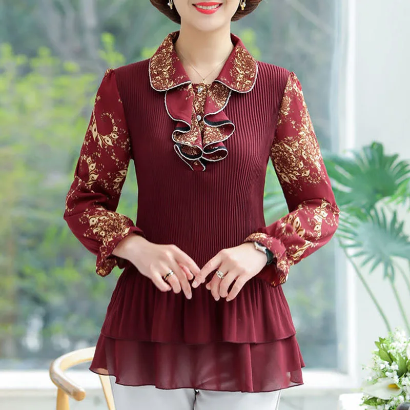 2025 Mom's Spring Summer new Chinese Style Various Pattern Printing Turn Down Collar Flare Sleeve Blouse Agaric Lace Long Sleeve Thin