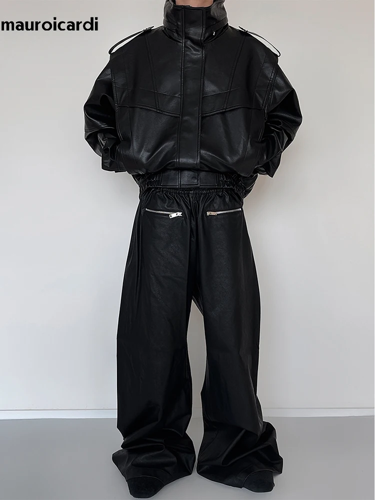 Mauroicardi Autumn Winter Oversized Cool Waterproof Windproof Black Pu Leather Jacket Men Zip Up Luxury Designer Clothes 2023