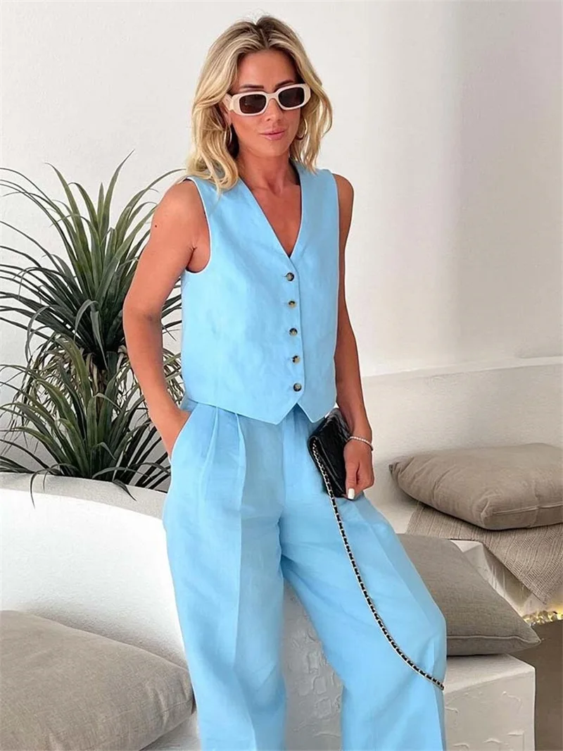 Linen Women Pants Sets Vest Tops+Straight Wide Leg Trousers Summer 2 Pieces Formal Casual Hot Girl 2025 Office Suit Party new Prom Outfit
