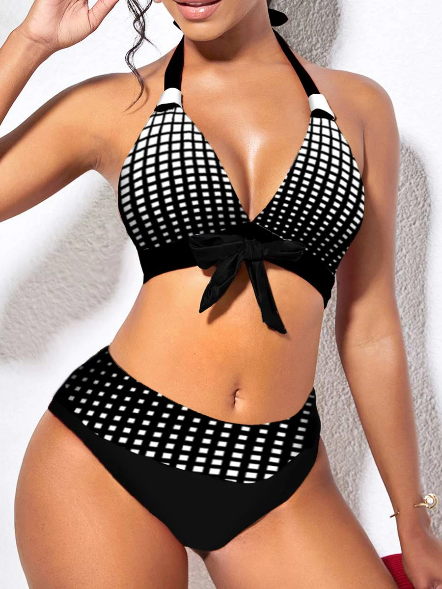 Halter Bikinis 2024 new Women Striped Swimwear 2025 High Waist Push Up Swimsuit Female Beachwear Summer Tie Front Bathing Suit Swimming