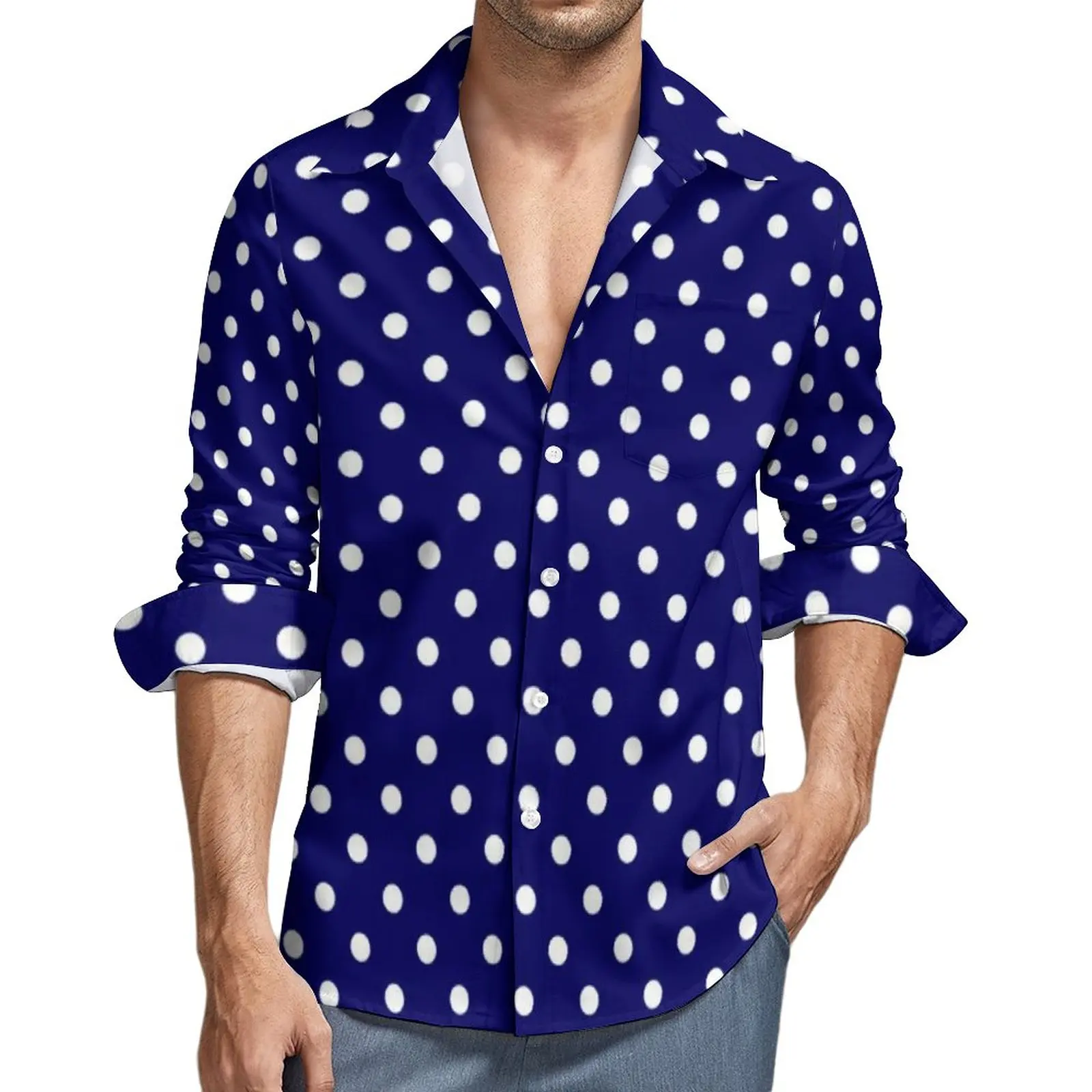 Blue Polka 2025 Dots new Shirt Autumn Vintage Polka Dot Casual Shirts Men Cool Blouses Long Sleeve Graphic Y2K Tops Plus Size