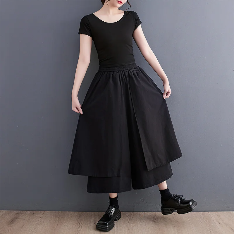#2912 new Black Wide Leg Pants Women Pockets Loose Asymmetrical Trousers Female Double 2025 Layer Streetwear Baggy Pants High Waisted
