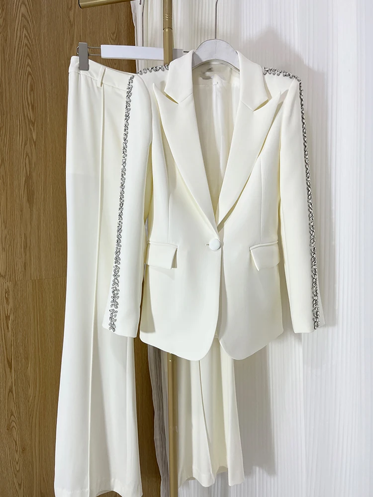 Beaded Rhinestone Blazer new Pants Suits Women Black White 2025 Bead Dia Crystal Slim Fit Handmade Pants Sets Two Pieces Sets Outfits