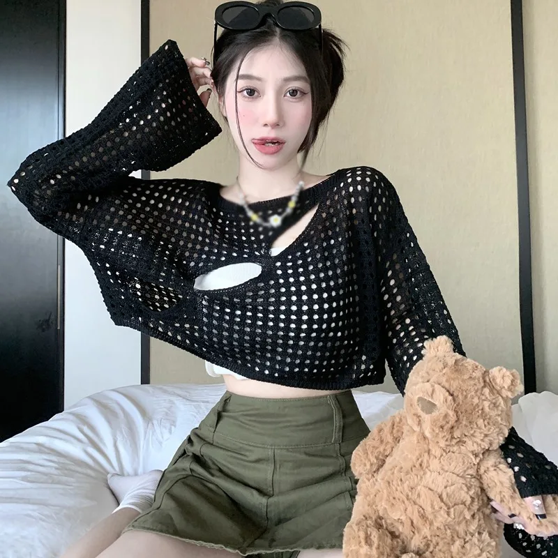 Mesh Loose See-through Tops Knitted round Neck Women's Blouses