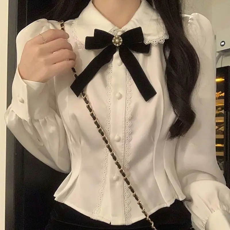 QWEEK White Shirts Woman new Kawaii Lace Lolita Blouses Sweet Tunics Fairycore Peter Pan Coller Crop Long 2025 Sleeve Tops Preppy Korean