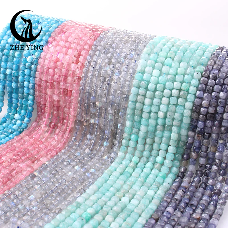Zhe Ying 4mm Square Amazonite Stone Natural Faceted Lilac Epidote Beads for Jewelry Making Diy Jewelry Supply 85pcs/lot