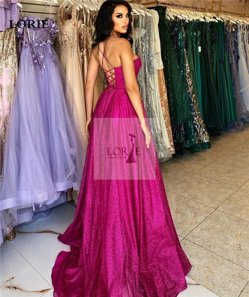 LORIE Hot Pink Spaghetti Straps Mermaid Evening Dresses Shiny Glitter Side Split Prom Gowns Corset Evening Party Dress