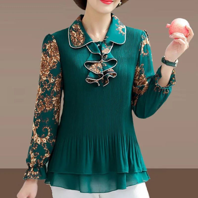 2025 Mom's Spring Summer new Chinese Style Various Pattern Printing Turn Down Collar Flare Sleeve Blouse Agaric Lace Long Sleeve Thin