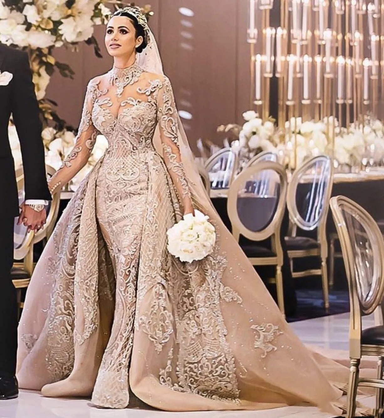 2024 Arabic Champagne Mermaid Wedding Dress With Detachable Train High Neck 3D Lace Appliques Long Sleeves Bride Gowns Vestidos De Noivas