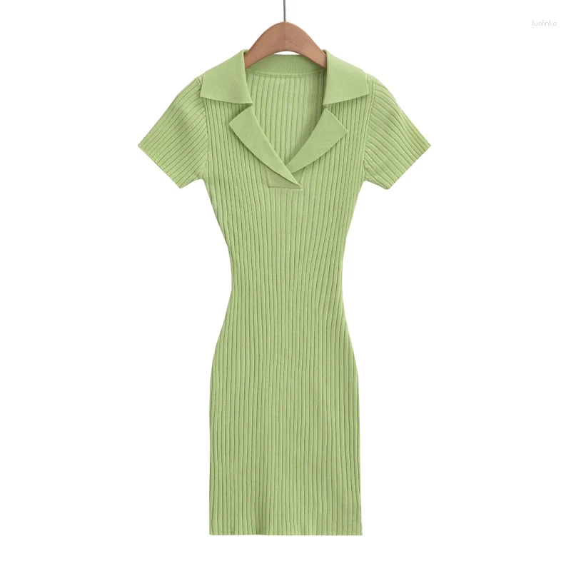 Party Dresses Mini For Women 2024 Summer Knitted Short Sleeve Dress Bodycon Black Polo Neck Vintage Clothes One Pieces