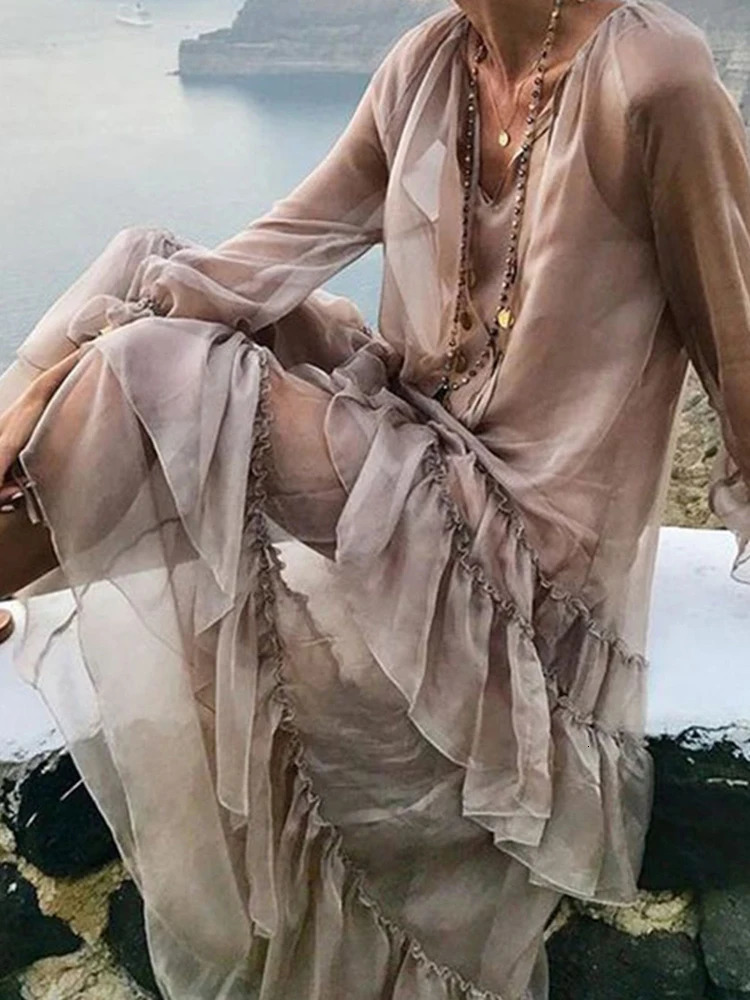 CHICEVER Spring Patchwork Ruffles Womens Dresses V Neck Petal Sleeve Loose Perspective Holiday Dress Fashion Clothes 240319