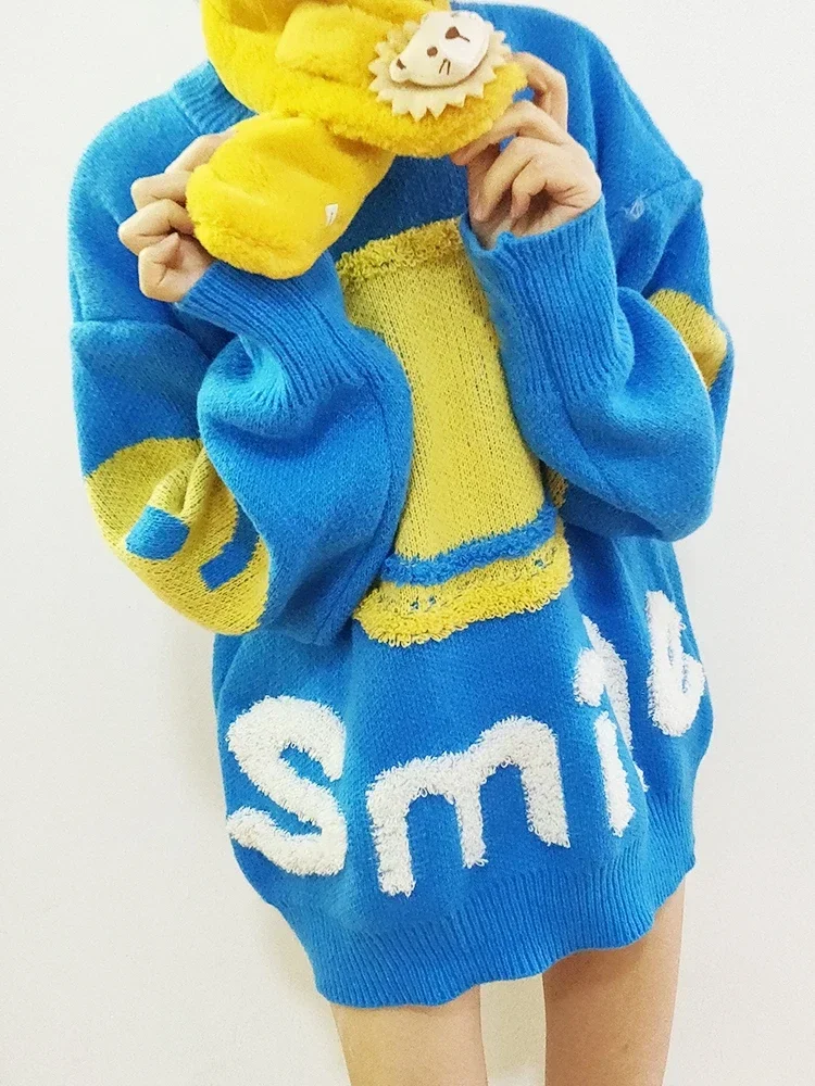 Y2k O-Neck Crochet Kintted Sweater Women Loose Top E-girl Pullovers Spring Autumn Winter Jumper Sueter Streetwear