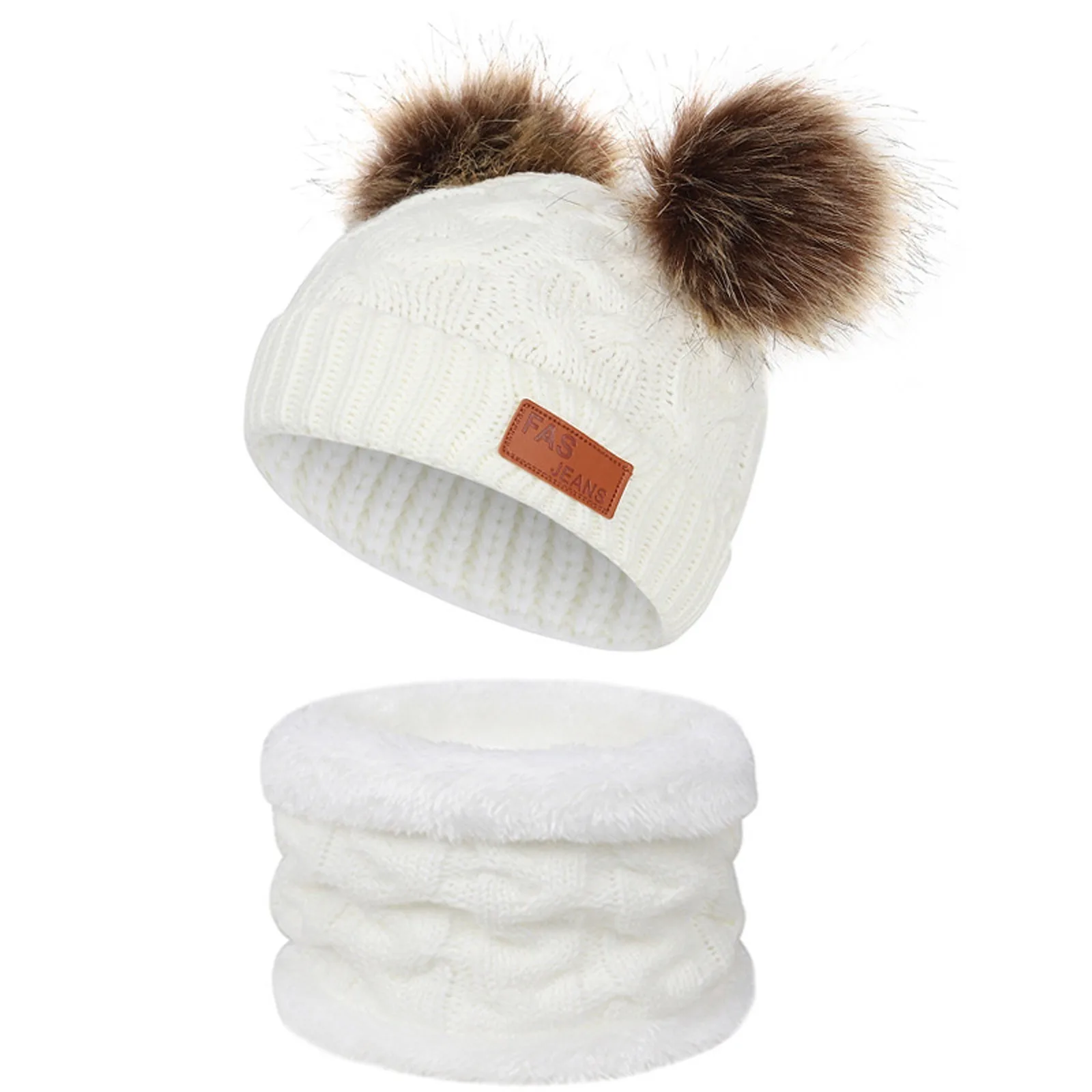 Girls Boys Knit Cap Warm Fur-Ball Baby Winter Knit Hat Children Hats Caps Scarf