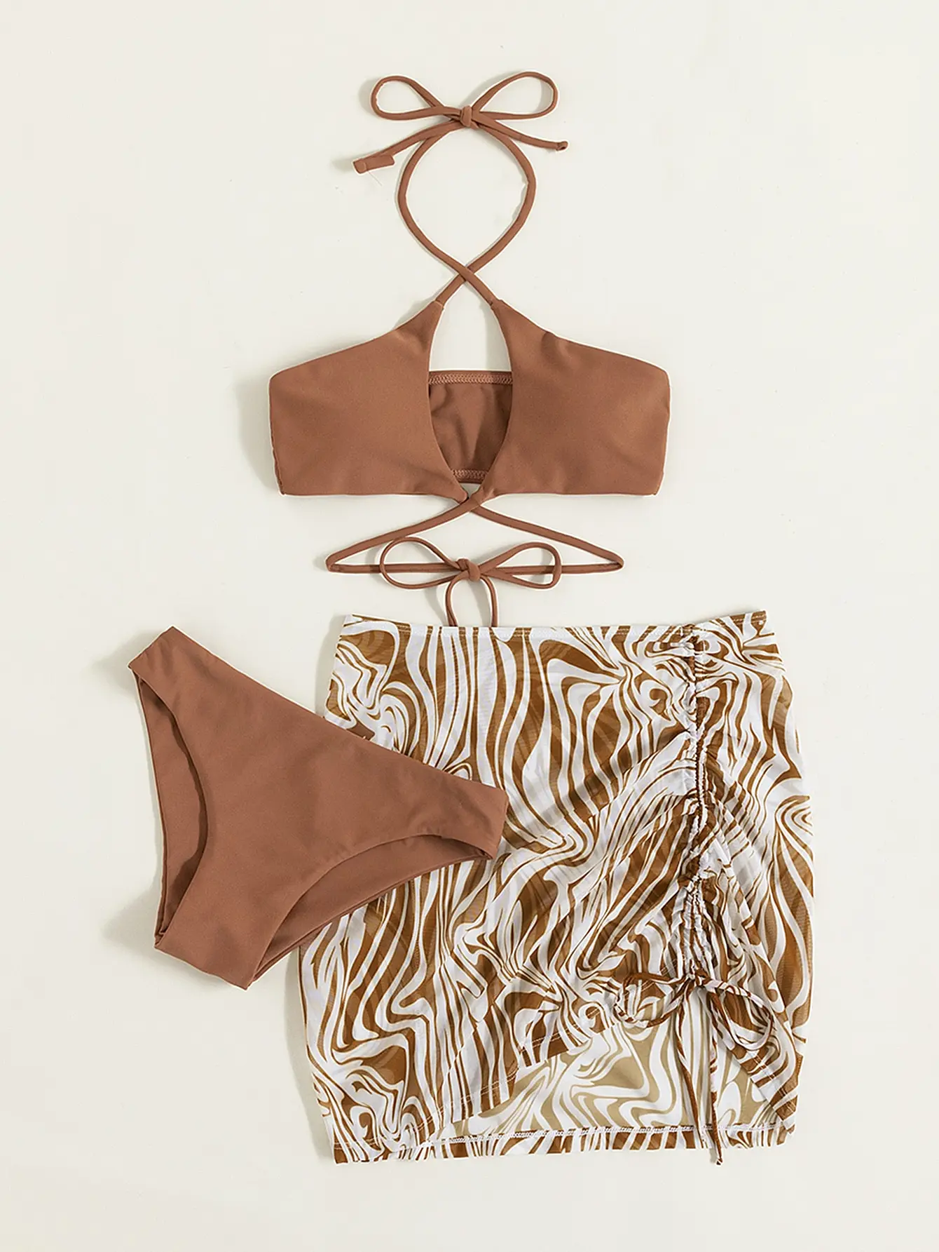 3 Pieces Solid Cross 2025 Bikini Swimsuit & Fluid Patter Beach new Skirt Swimwear Women 2023 Bathing Swimming Suit Female Beachwear