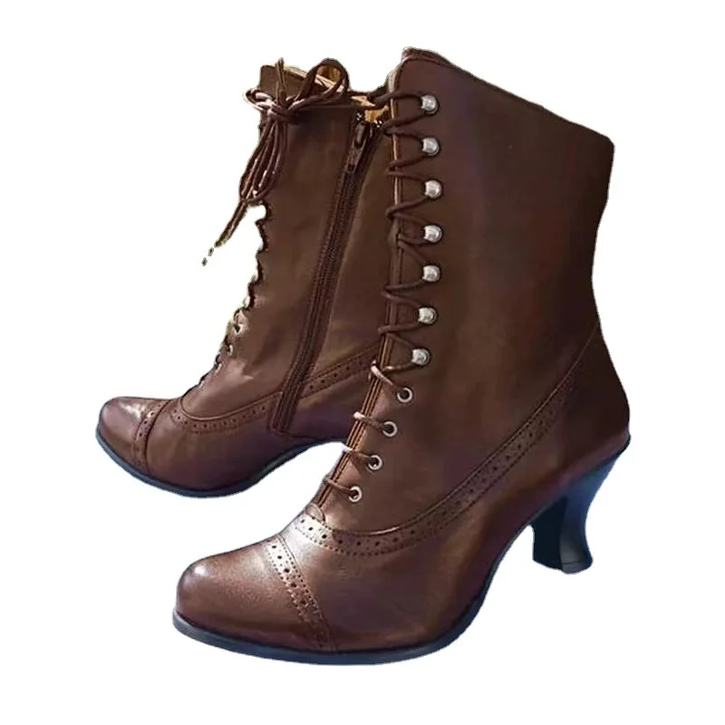 Lace Winter Up Ladies High Heel New Shoes Motocycle Victorian Boots Women Fashion Pointed Toe Thick Soled Short Boot 2024 d4a2