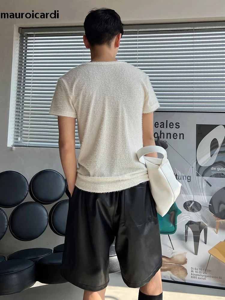 Mauroicardi Summer Loose Casual Soft Black Pu Leather Straight Shorts for Men Elastic Waist Drawstring Korean Style Clothes 2023